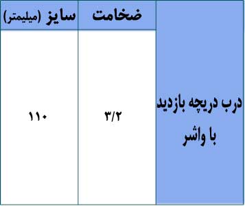جدول مشخصات درب دریچه بازدید با واشر با سایز ۱۱۰ و ضخامت ۳/۲ میلیمتر، تولیدی کارخانه آرمین لوله شرق.